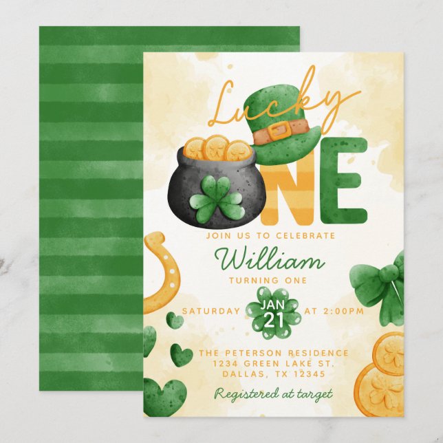 St Patricks Day Lucky ONE 1st Birthday Invitation (Front/Back)