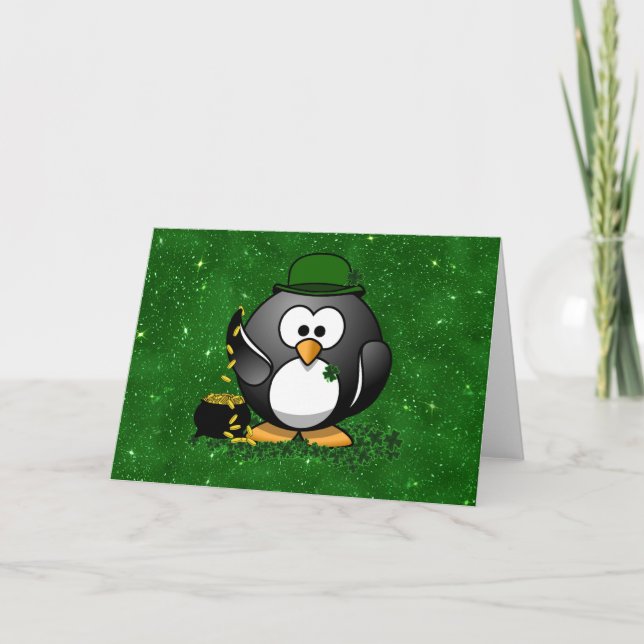 St. Patrick's Day Lucky Penguin with Pot Of Gold Card (Front)