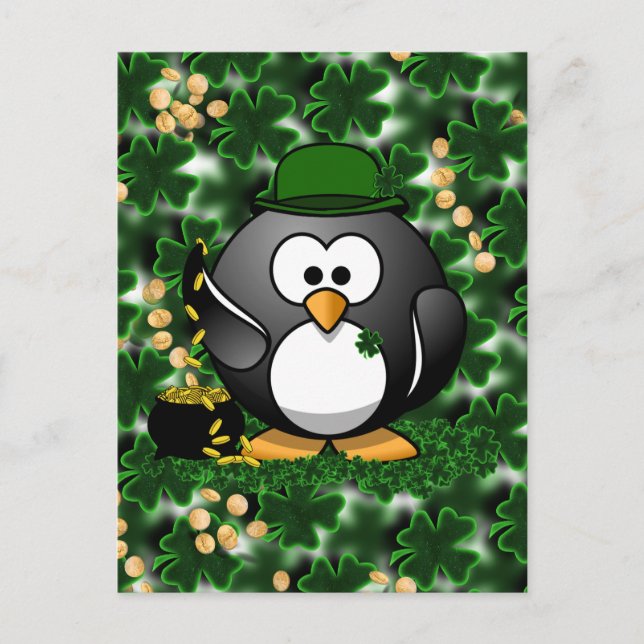 St. Patrick's Day Lucky Penguin with Pot Of Gold Postcard (Front)