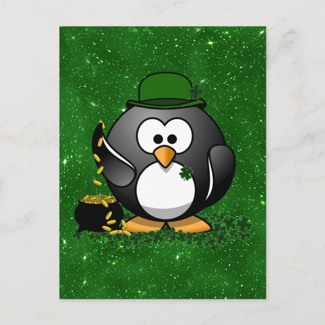 St. Patrick's Day Lucky Penguin with Pot Of Gold Postcard (Front)