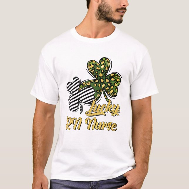St Patrick's Day Lucky RN Nurse Clover Shamrock T-Shirt (Front)