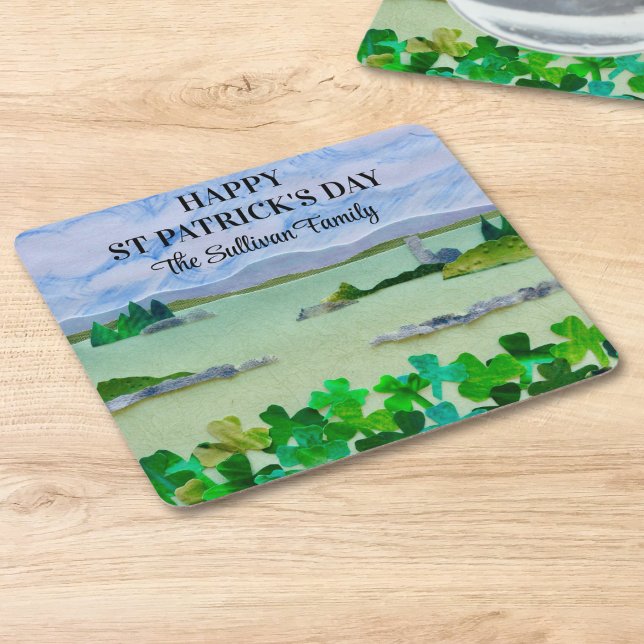 St Patrick's Day Lucky Shamrock Family Name Square Paper Coaster (Creator Uploaded)