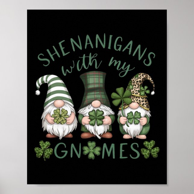 St Patricks Day Lucky Shamrock Leopard Gnomes Iris Poster (Front)