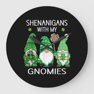 St Patricks day lucky Shamrock leopard gnomes  Large Clock