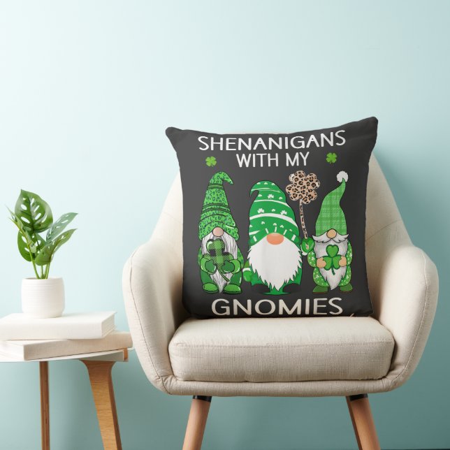 St Patricks Day Lucky Shamrock Leopard Gnomes  Throw Pillow (Chair)