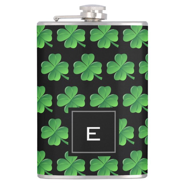 St Patricks Day Lucky Shamrock Pattern Monogram Hip Flask (Front)