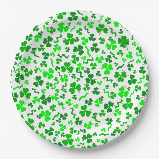 St Patrick's Day Lucky Shamrocks Confetti Pattern Paper Plate (Front)