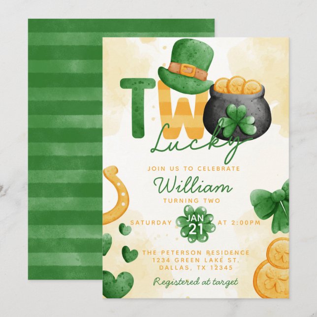 St Patricks Day Lucky TWO 2nd Birthday Invitation (Front/Back)
