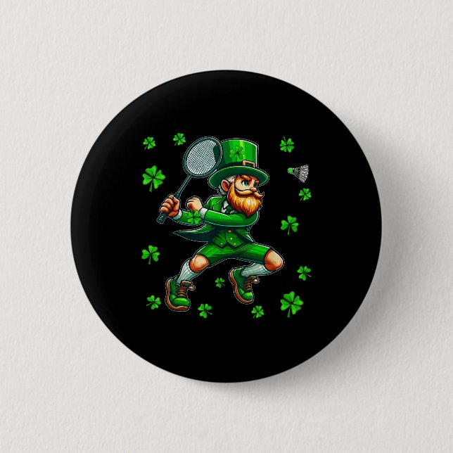 St. Patricks Day Man Playing Badminton Player Team 2 Inch Round Button (Front)