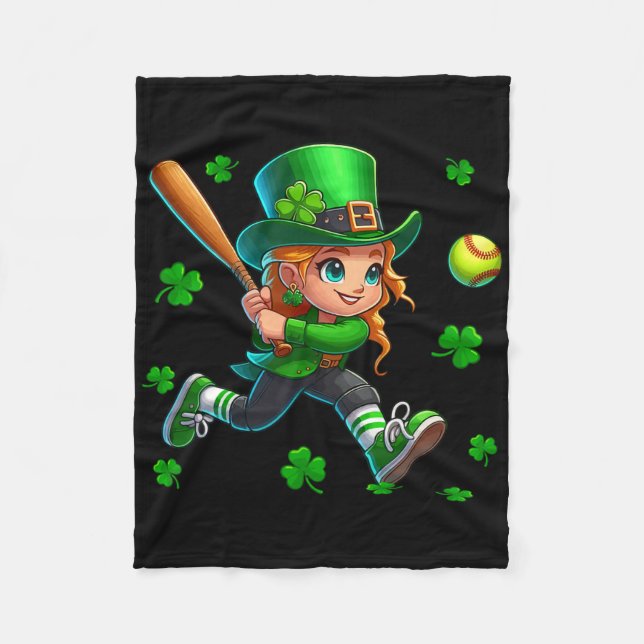 St. Patrick's Day Man Playing Softll Shamrocks Pla Fleece Blanket (Front)