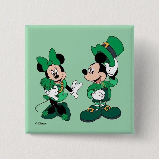 St. Patrick's Day Mickey and Minnie 2 Inch Square Button (Front)
