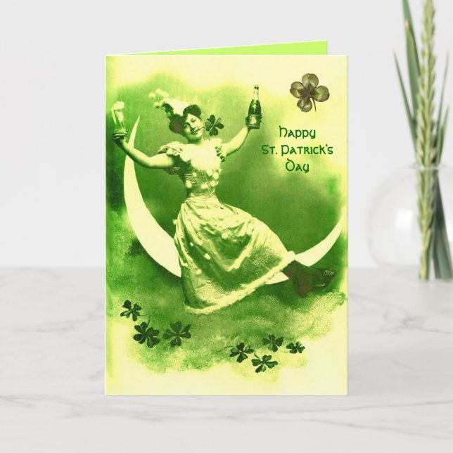 ST PATRICK'S  DAY MOON LADY WITH SHAMROCKS CARD (Front)