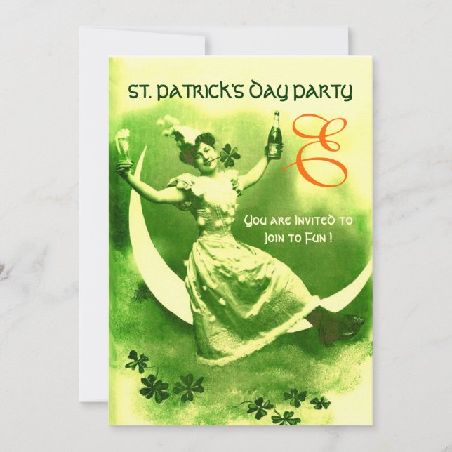 ST.PATRICK'S DAY MOON LADY WITH SHAMROCKS MONOGRAM INVITATION (Front)
