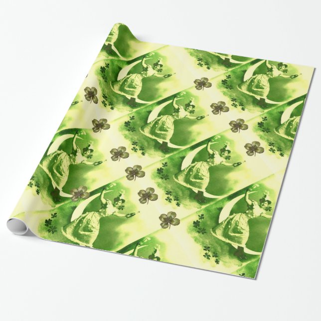 ST PATRICK'S DAY MOON LADY WITH SHAMROCKS WRAPPING PAPER (Unrolled)