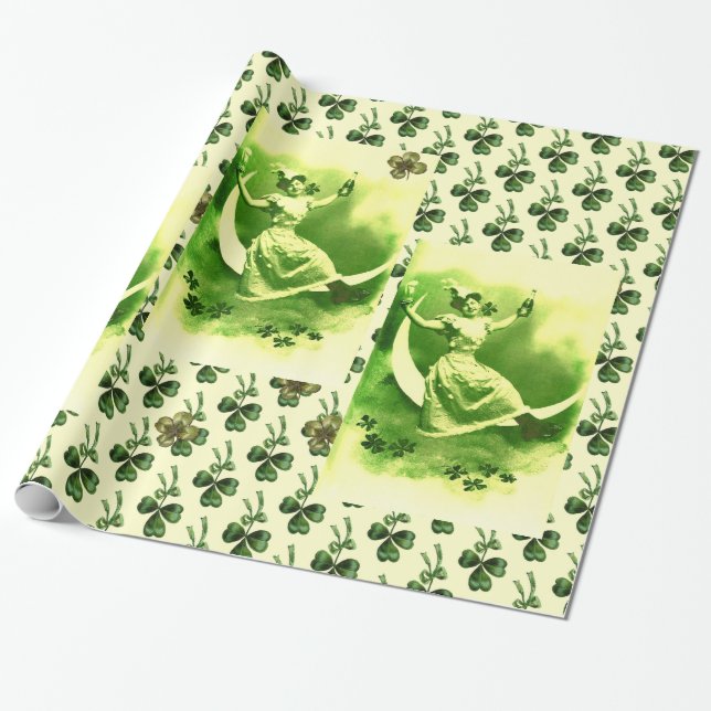 ST PATRICK'S DAY MOON LADY WITH SHAMROCKS WRAPPING PAPER (Unrolled)