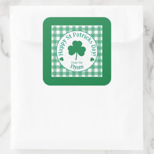 St Patricks Day NAME Irish Clover Green Check LG Square Sticker