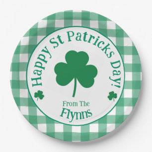 St Patricks Day NAME Irish Clover Green Check Paper Plate