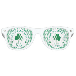 St Patricks Day NAME Irish Clover Green Check Retro Sunglasses