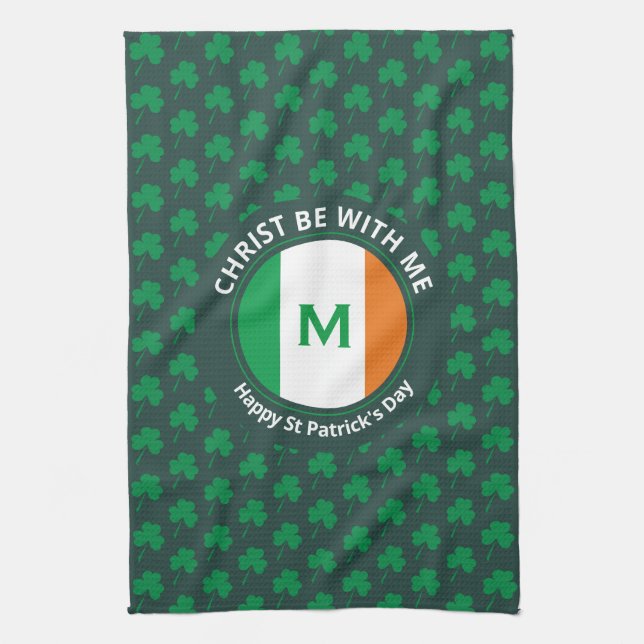 St Patricks Day Name Monogram Shamrock Kitchen Towel (Vertical)