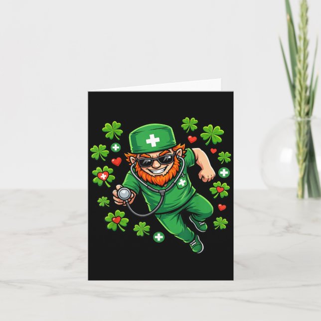 St Patricks Day Nurse Leprechaun Stethoscope Card (Front)