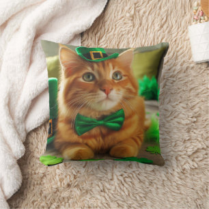 St Patrick's Day Orange Tabby Throw Pillow