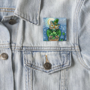 ST. PATRICK'S DAY OWL, 4 LEAF CLOVER LEPRECHAUN 2 INCH SQUARE BUTTON