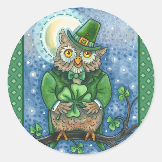 ST. PATRICK'S DAY OWL, 4 LEAF CLOVER LEPRECHAUN CLASSIC ROUND STICKER (Front)