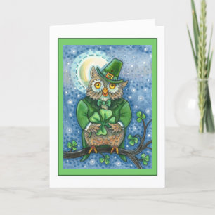 ST. PATRICK'S DAY OWL, 4 LEAF CLOVER LEPRECHAUN HOLIDAY CARD