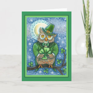 ST. PATRICK'S DAY OWL, 4 LEAF CLOVER LEPRECHAUN HOLIDAY CARD