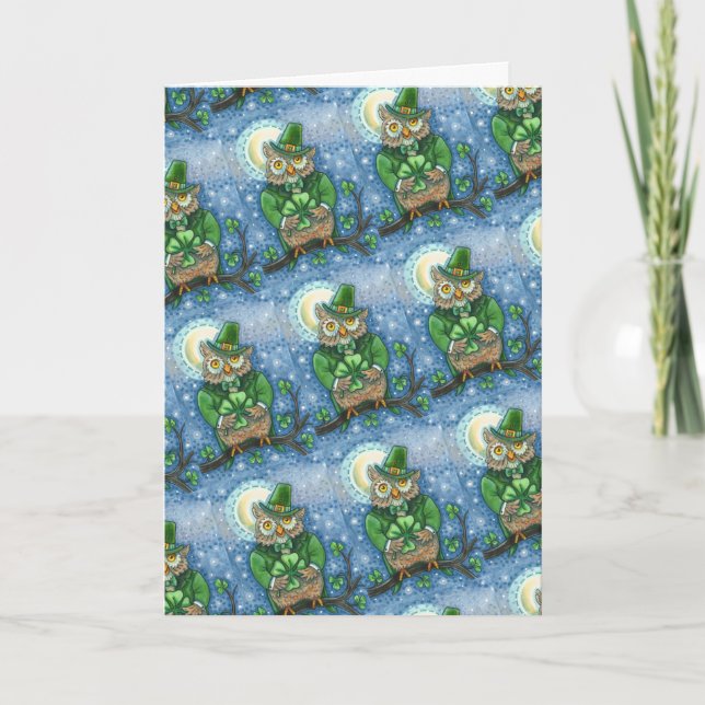 ST. PATRICK'S DAY OWL, 4 LEAF CLOVER LEPRECHAUN HOLIDAY CARD (Front)