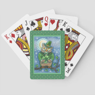 ST. PATRICK'S DAY OWL, 4 LEAF CLOVER LEPRECHAUN PLAYING CARDS