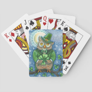 ST. PATRICK'S DAY OWL, 4 LEAF CLOVER LEPRECHAUN PLAYING CARDS