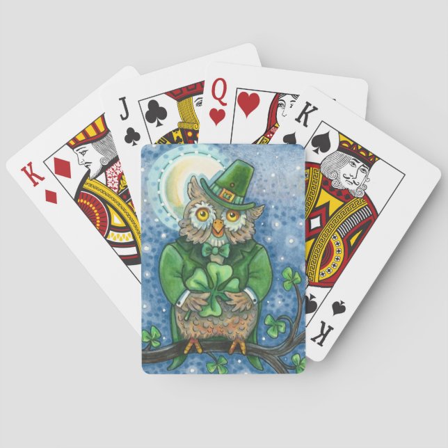 ST. PATRICK'S DAY OWL, 4 LEAF CLOVER LEPRECHAUN PLAYING CARDS (Back)