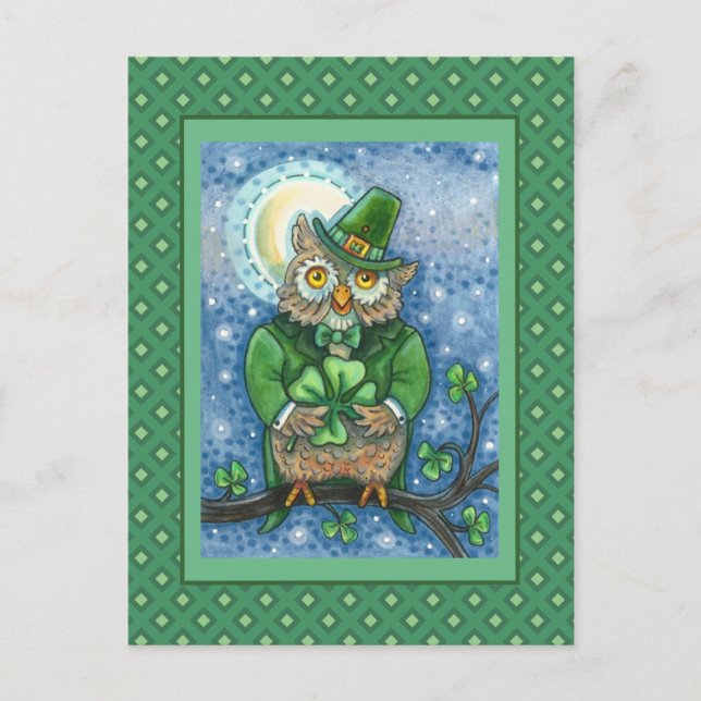 ST. PATRICK'S DAY OWL, 4 LEAF CLOVER LEPRECHAUN POSTCARD (Front)