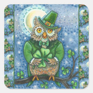ST. PATRICK'S DAY OWL, 4 LEAF CLOVER LEPRECHAUN SQUARE STICKER