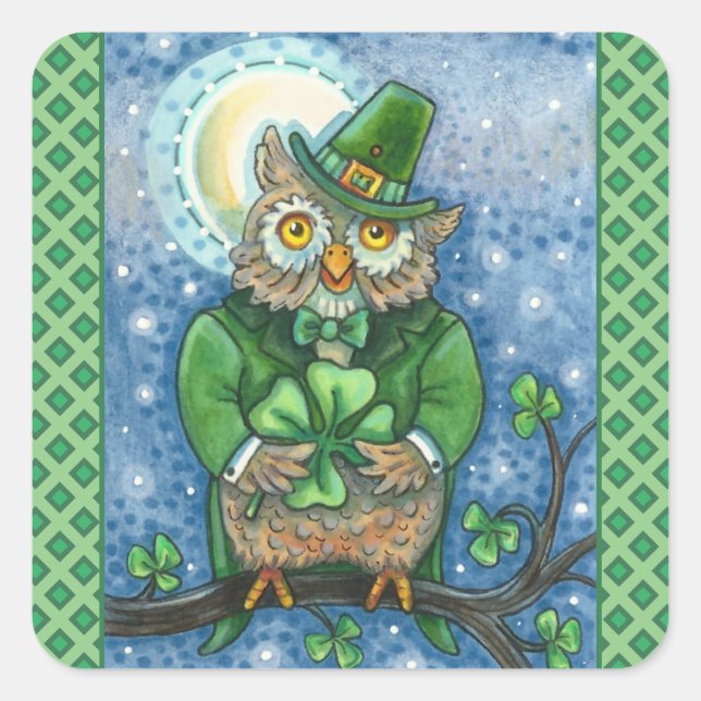 ST. PATRICK'S DAY OWL, 4 LEAF CLOVER LEPRECHAUN SQUARE STICKER (Front)