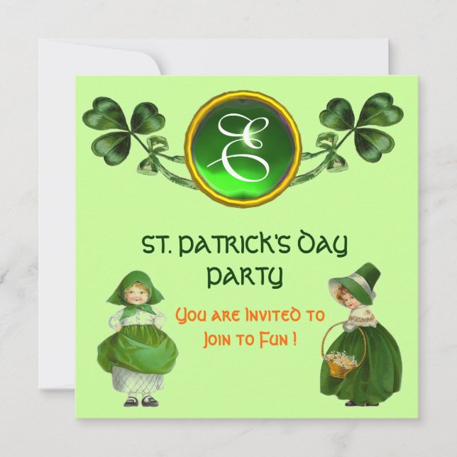 ST. PATRICK'S DAY PARTY GREEN EMERALD MONOGRAM INVITATION (Front)