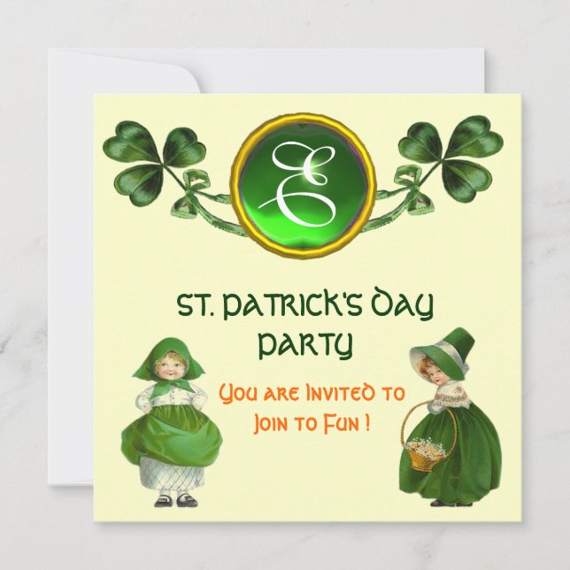 ST. PATRICK'S DAY PARTY GREEN EMERALD MONOGRAM INVITATION (Front)
