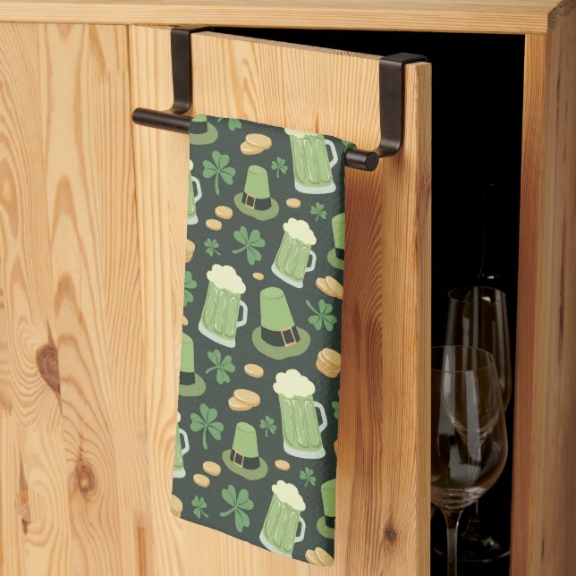 St Patricks Day Pattern Dark Green Cheers Shamrock Kitchen Towel (Thirds Fold)