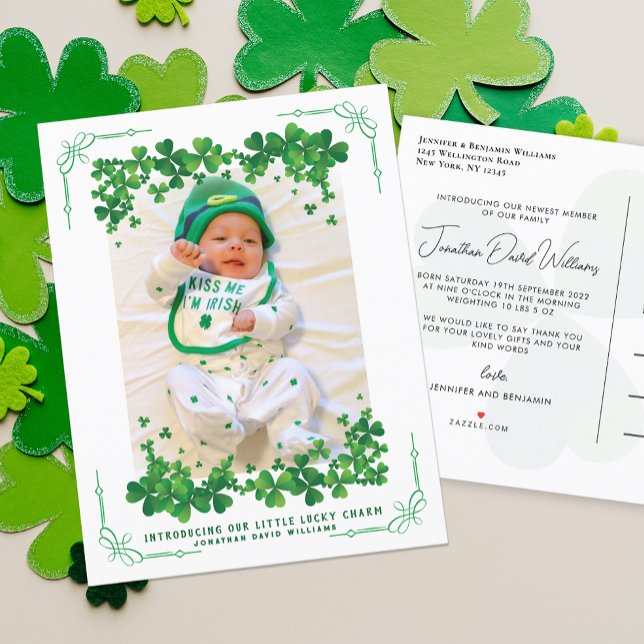 St Patrick's Day Photo Birth  Announcement Postcard (Creator Uploaded)