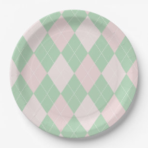 St Patricks Day Pink and Green Argyle Baby Shower Paper Plate