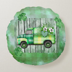St. Patrick's Day Plaid Vintage Truck  Round Pillow