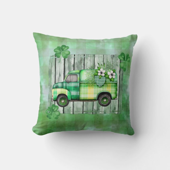 St. Patrick's Day Plaid Vintage Truck  Throw Pillow (Front)