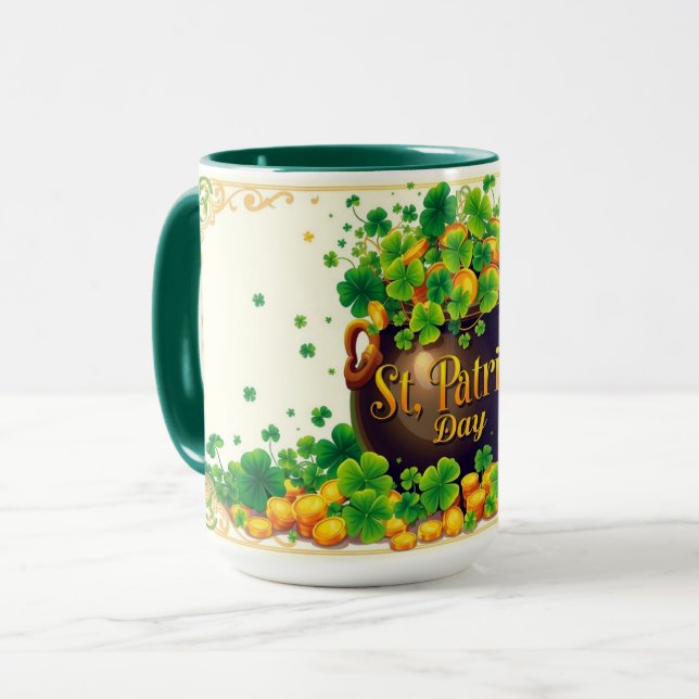 St. Patrick's Day Pot of Gold and Shamrock Mug (Front Left)