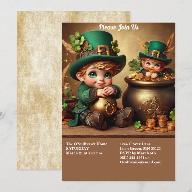 St Patrick's Day Pot of Gold Boy Leprechaun Party Invitation (Front/Back)