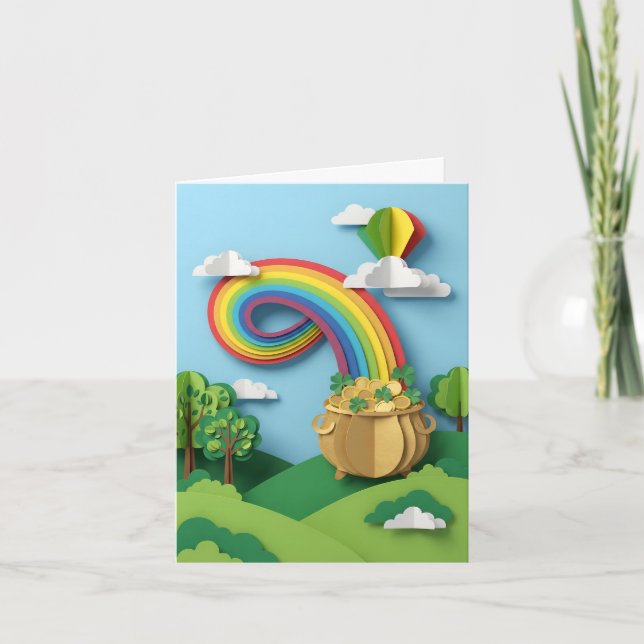 St. Patrick's Day Pot of Gold Rainbow Paper Cutout Card (Front)