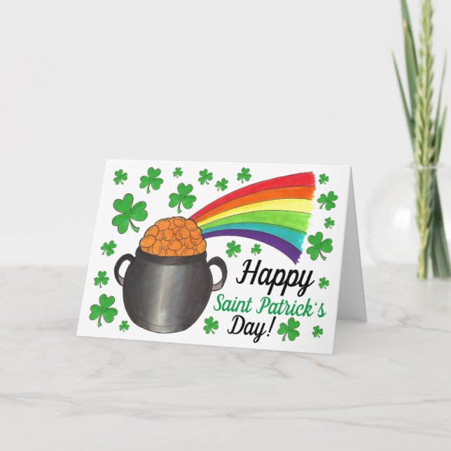St. Patrick's Day Pot of Gold Rainbow Shamrock Card (Front)