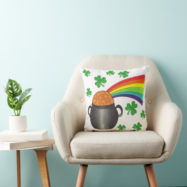St. Patrick's Day Pot of Gold Rainbow Shamrock Throw Pillow (Chair)