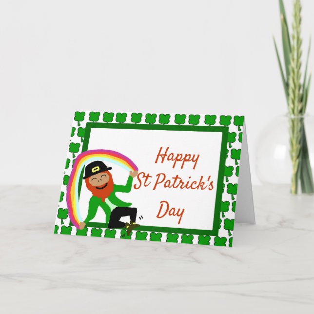St Patrick's Day rainbow gold leprechaun shamrock Holiday Card (Front)