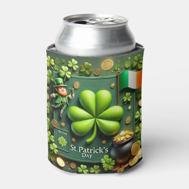 St. Patrick's Day Shamrock and Leprechaun Can Cooler (Can Front)